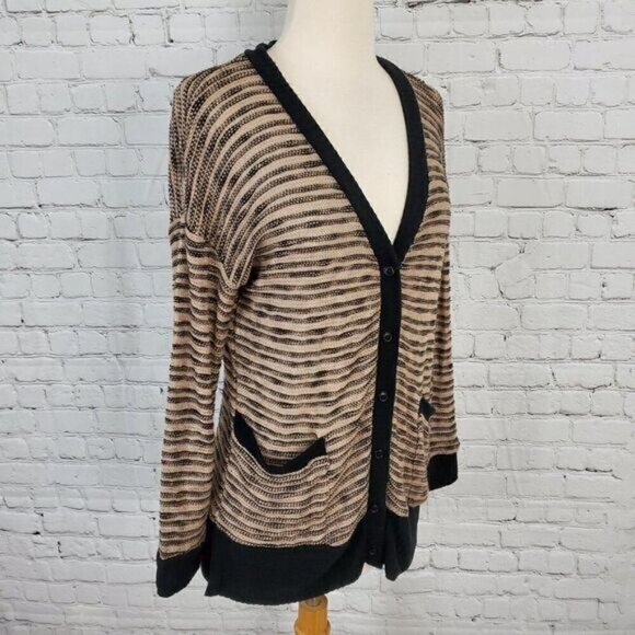 SPLENDID Tan Black Marled Striped Cardigan Sweater M NWT NEW - Picture 3 of 6